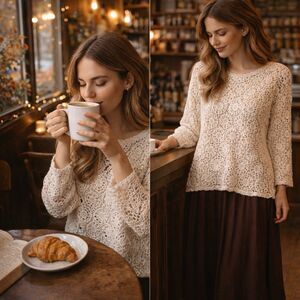 Y2K Crochet Sweater Sz 22 24 Cottage Boho Floral Cream Grannycore Irish Venezia